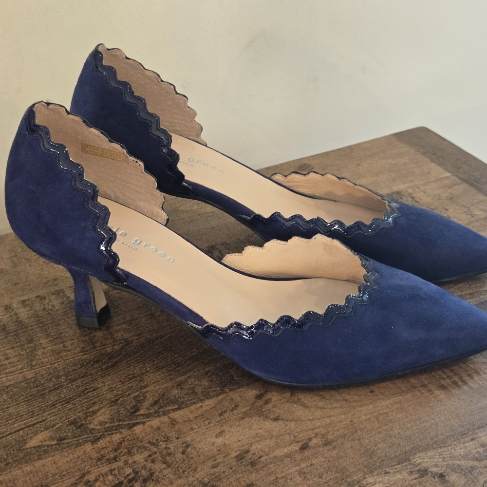 PATRICIA GREEN Olivia Scalloped D'orsay Kitten Heel Size 7 Blue Made In Spain